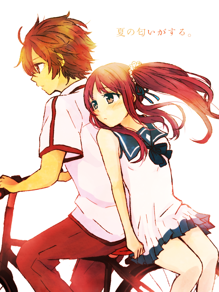 10s, 1boy, 1girl, bicycle, black_eyes, black_hair, brown_eyes, dress