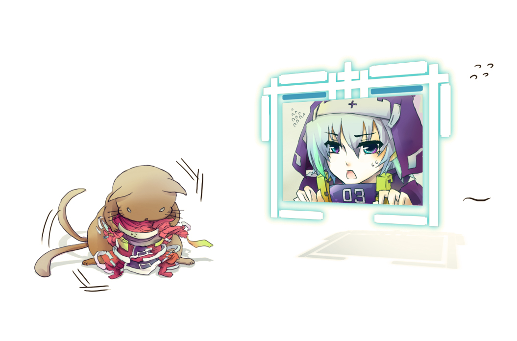 1girl, blue_hair, cat, flying_sweatdrops, ishida_mitsunari_(horizon), kyoukaisenjou_no_horizon, rogical, signframe, sweatdrop