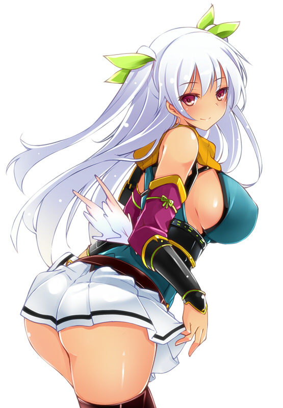 1girl, black_thighhighs, blush, breasts, brown_eyes, elbow_gloves, female_focus, gloves, hair_ornament, large_breasts, long_hair, looking_at_viewer, mutou_kurihito, nanbu_nobunao_(sengoku_bushouki_muramasa), scarf, sengoku_bushouki_muramasa, simple_background, skirt, smile, solo, thighhighs, white_background, white_hair