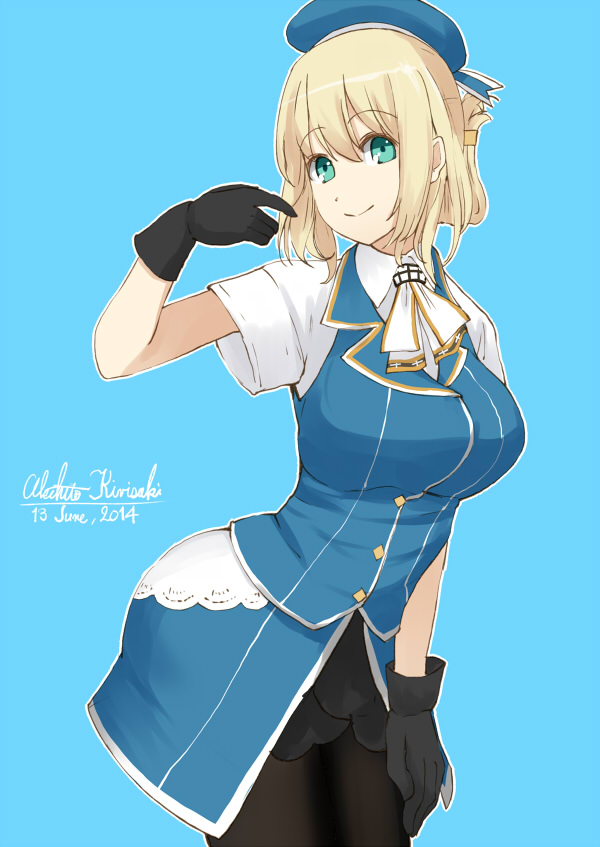 10s, 1girl, adapted_costume, alternate_hairstyle, atago_(kancolle), black_gloves, blonde_hair, breasts