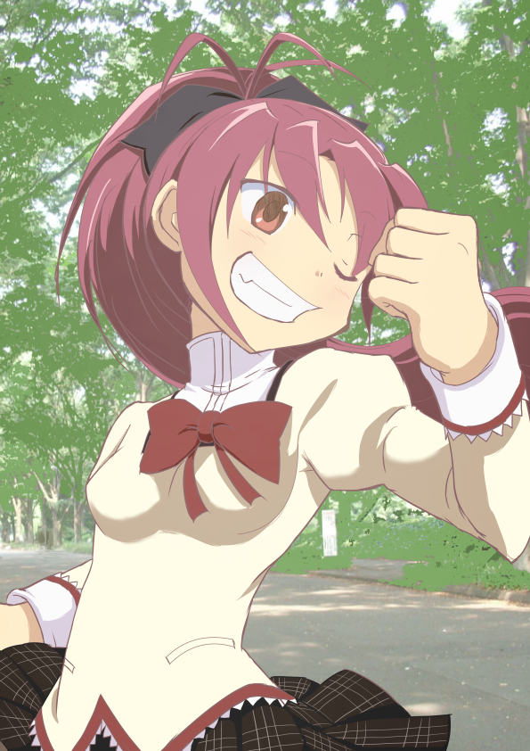 10s, 1girl, bow, female_focus, grin, hair_bow, long_hair, mahou_shoujo_madoka_magica