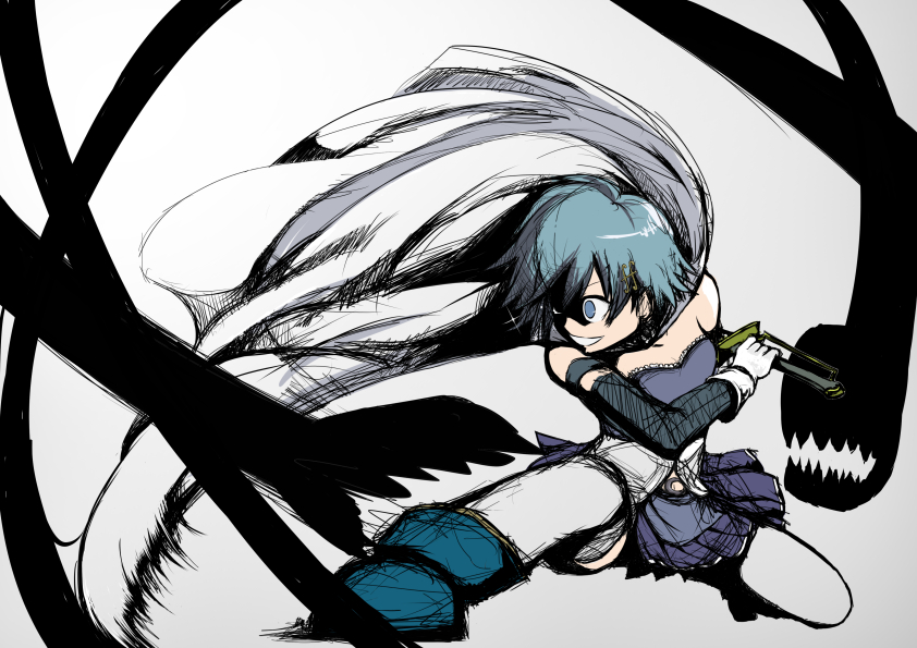 10s, 1girl, blue_eyes, blue_hair, cape, female_focus, fortissimo, gloves