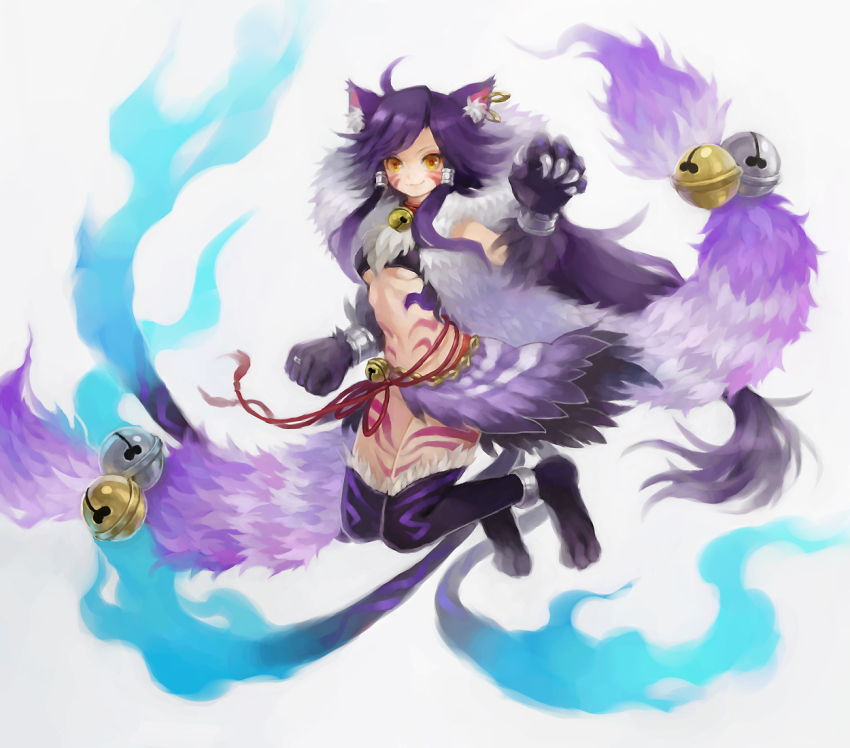 1girl, :3, ahoge, animal_ears, animal_hands, anklet, bell, blue_fire, breasts, cat_ears, cat_paws, cat_tail, claws, clenched_hand, collar, earrings, facial_mark, female_focus, fire, fuku_imo, fur_trim, hair_tubes, hoop_earrings, jewelry, jingle_bell, knees_together_feet_apart, kurone_(p&amp;d), long_hair, lots_of_jewelry, low-tied_long_hair, multiple_earrings, navel, neck_bell, no_panties, orange_eyes, over-kneehighs, purple_hair, purple_thighhighs, puzzle_&amp;_dragons, ribbon, ring, side_slit, simple_background, skirt, small_breasts, smile, solo, tail, tank_top, tattoo, thighhighs, underboob, very_long_hair, white_background, wristband, yellow_eyes