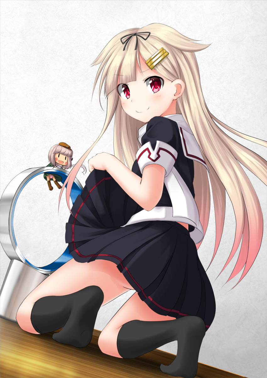 >:), 10s, 2girls, absurdres, basa_rotan_(cyan0114), basa_rutan, black_socks, blonde_hair, blush, brown_hair, clothes_lift, cyan0114, dyson_(company), fairy_(kancolle), fanning_crotch, gradient_hair, hair_flaps, hair_ornament, hair_ribbon, hairclip, hand_fan, highres, kantai_collection, kneehighs, kneeling, long_hair, looking_at_viewer, messy_hair, mini_person, minigirl, multicolored_hair, multiple_girls, no_shoes, open_mouth, panties, personification, pink_hair, pink_panties, red_eyes, ribbon, school_uniform, serafuku, short_hair, skirt, skirt_lift, smile, socks, straight_hair, tenzan_(kancolle), thighhighs, underwear, v-shaped_eyebrows, wooden_floor, yuudachi_(kancolle)