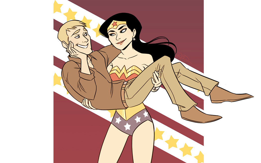 1boy, 1girl, amazon_warrior, black_hair, blonde_hair, blue_eyes, carrying, couple