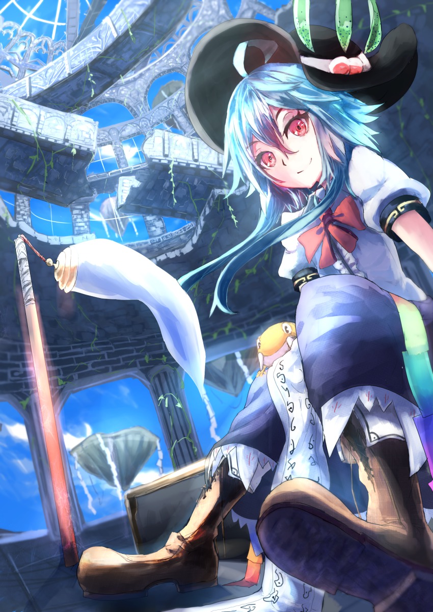 1girl, alternate_hairstyle, arm_support, aruto2498, black_hat, blue_hair, boots, brown_footwear