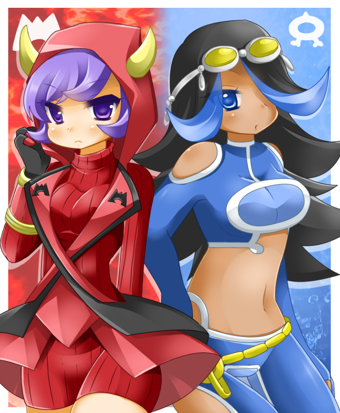 00s, 10s, 2girls, alternate_costume, black_gloves, black_hair, blue_eyes, blue_gloves