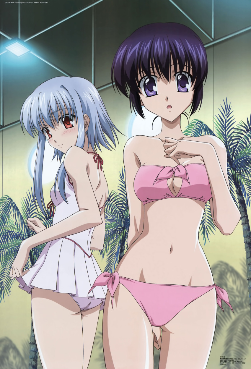 00s, 2girls, absurdres, ass, bikini, blue_hair, breasts, cleavage