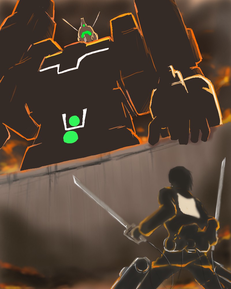 crossover, densetsu_kyojin_ideon, dual_wielding, holding, ideon, mecha, pettan-nee, robot, shingeki_no_kyojin, sword, tsurupeta_(pikapika45), wall, weapon