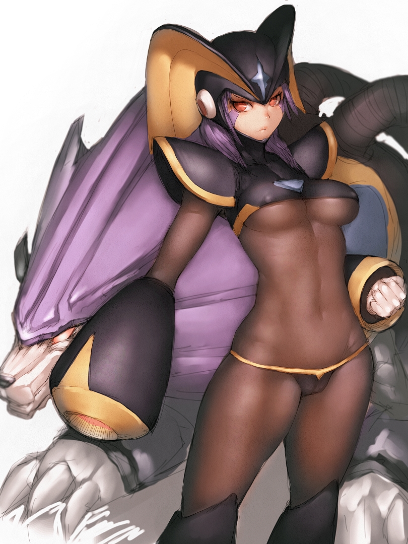 1girl, bass_(mega_man), bodysuit, boots, breasts, cameltoe, capcom, covered_erect_nipples, covered_navel, female_focus, fumio_(rsqkr), genderswap, genderswap_(mtf), hip_focus, legs, long_hair, medium_breasts, mega_man_(classic), mega_man_(series), midriff, navel, purple_hair, red_eyes, simple_background, solo, treble_(mega_man), underboob, weapon, white_background, white_hair