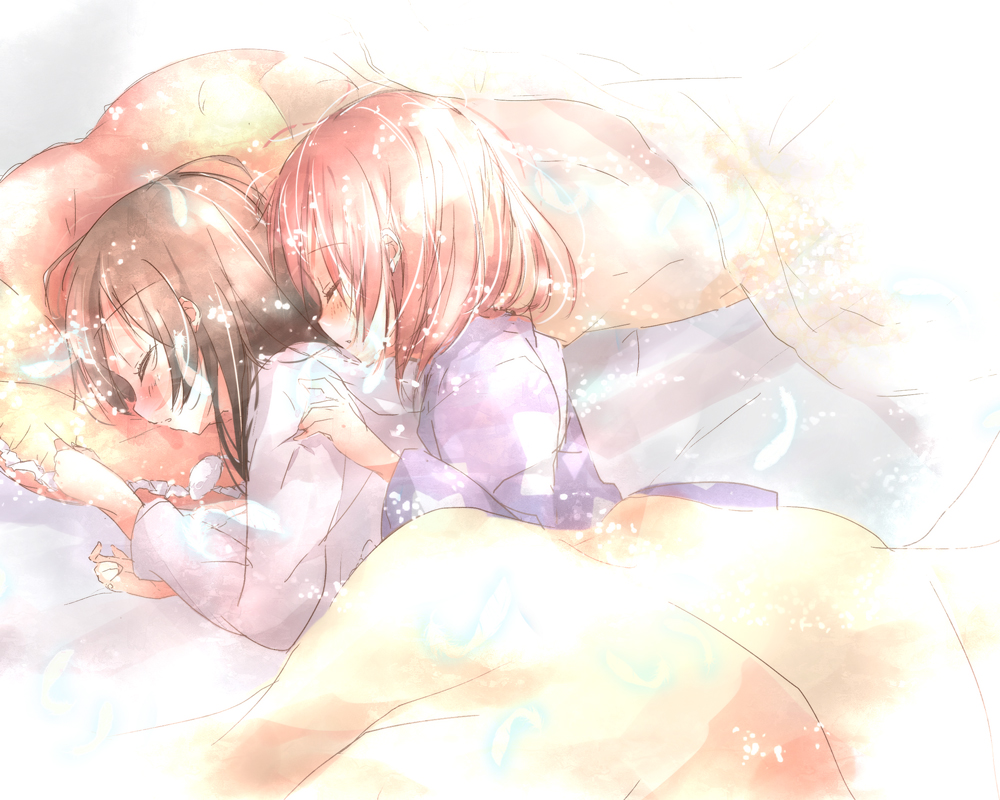 10s, 2girls, bad_id, bad_pixiv_id, black_hair, blush, closed_eyes, feathers