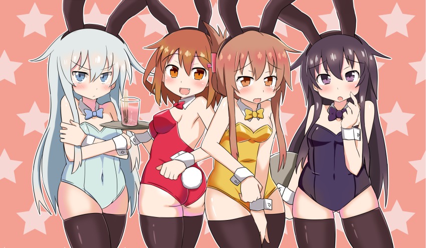 10s, 4girls, :d, akatsuki_(kancolle), alternate_costume, animal_ears, ass, bad_id