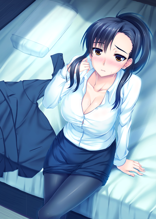 10s, 1girl, bed, bed_sheet, bedroom, black_hair, blush, breasts