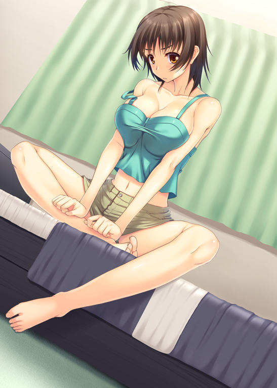 10s, 1girl, bare_shoulders, barefoot, bed, bed_sheet, bedroom, blanket