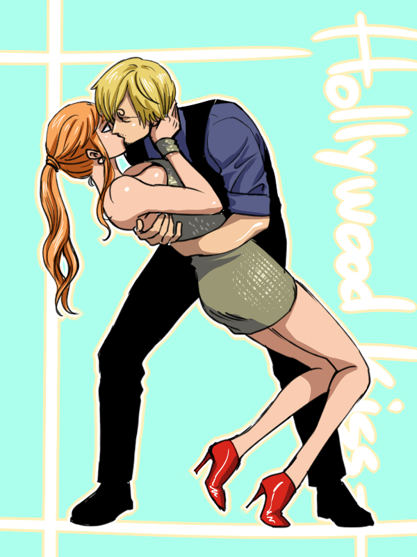 1boy, 1girl, breasts, cleavage, hetero, kiss, kuri_(pienu), nami_(one_piece)