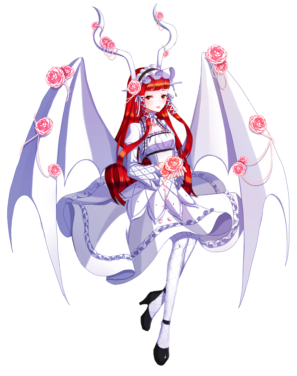 1girl, dress, flower, frilled_dress, frills, headdress, high_heels, highres, horns, lolita_fashion, long_hair, ming_(applem7), persona, persona_3, wings, yoshino_chidori
