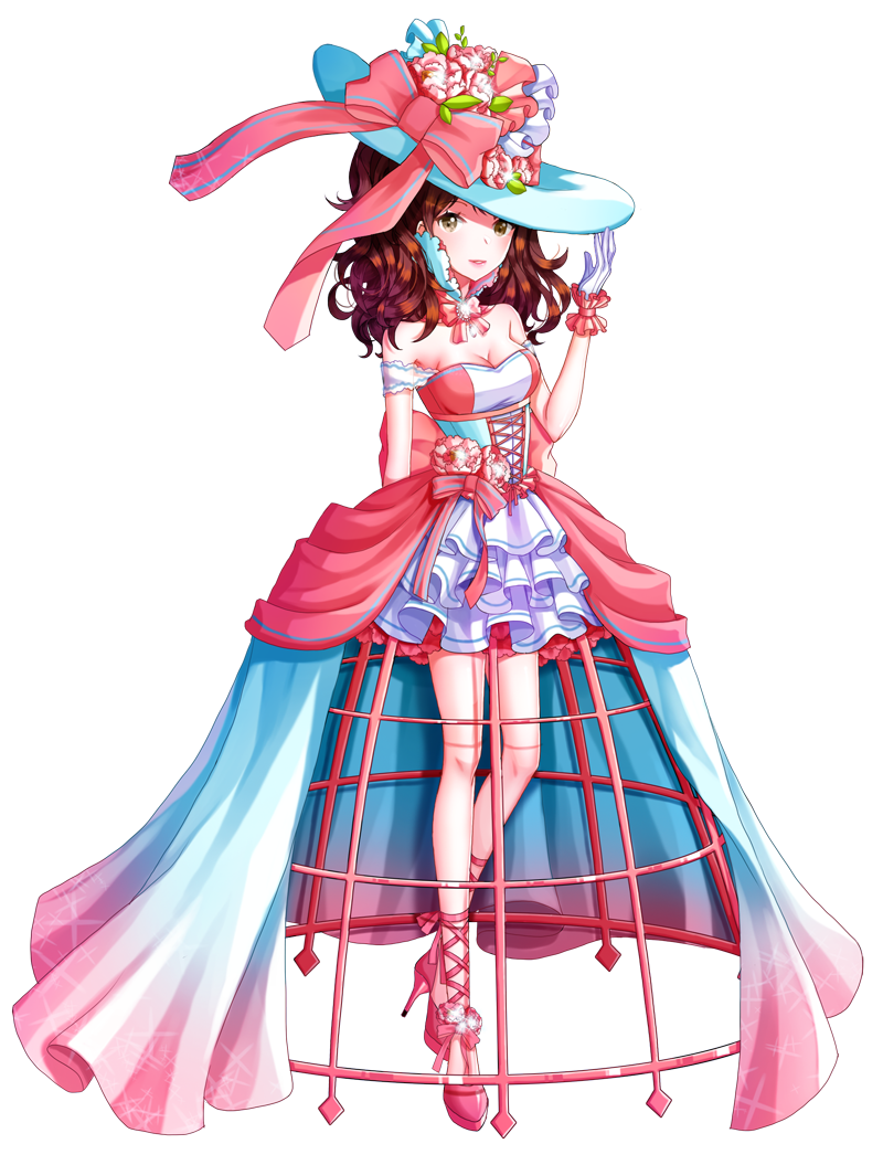 breasts, brown_hair, corset, gloves, hat, high_collar, high_heels, hoop_skirt, kujikawa_rise, lolita_fashion, ming_(applem7), mini_style_gown, persona, persona_4, ribbon, sweet_lolita, victorian