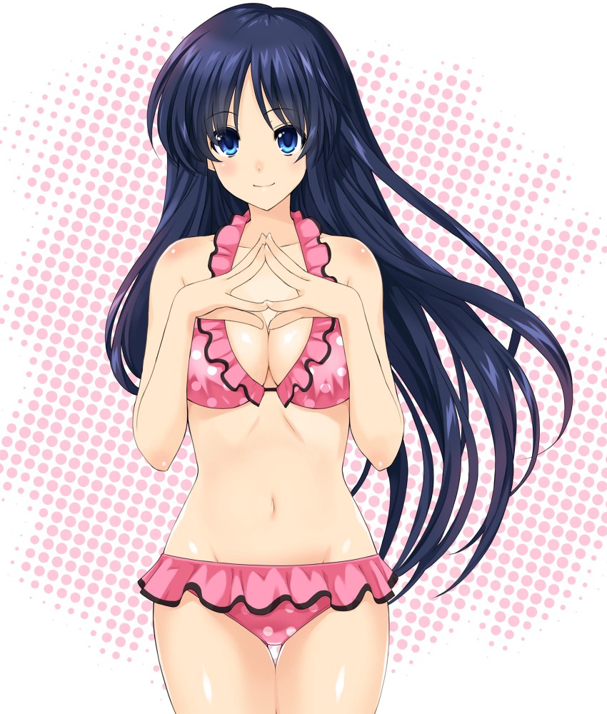 1girl, bad_id, bad_pixiv_id, bikini, black_hair, blue_eyes, breasts, cleavage