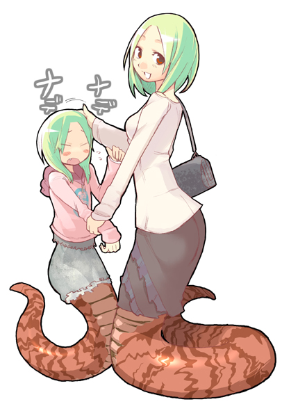 2girls, age_difference, bag, blush, blush_stickers, casual, child, closed_eyes, embarrassed, family, family_bonding, fang, green_hair, handbag, headpat, holding_hands, hood, hoodie, lamia, looking_back, monster_girl, mother_and_child, mother_and_daughter, multiple_girls, nanashin, parent_and_child, pencil_skirt, red_eyes, scales, short_hair, simple_background, skirt, smile, sweatdrop