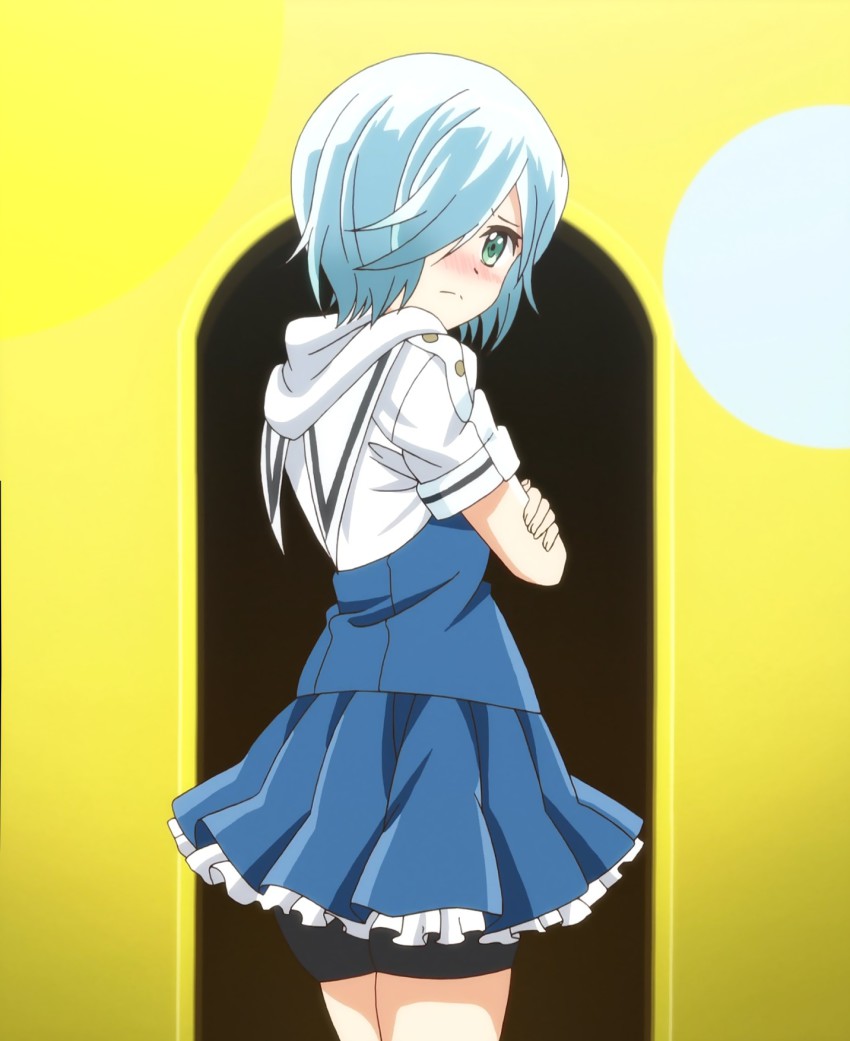 10s, 1girl, anime_screenshot, aqua_hair, bike_shorts, blush, daimyouzamurai_mei, female_focus