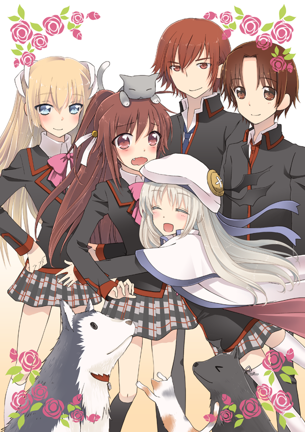 2boys, 3girls, animal, animal_on_head, belka_(little_busters!), blonde_hair, blue_eyes, bow