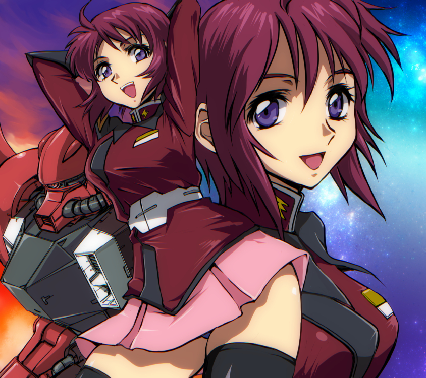 00s, 1girl, arms_up, black_thighhighs, blue_sky, breasts, female_focus, gundam