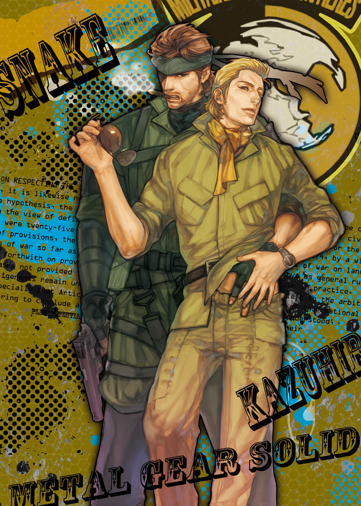 2boys, bandana, beard, big_boss, blonde_hair, brown_hair, eyepatch, unworn_eyewear, facial_hair, hideono6, holding, holding_removed_eyewear, kazuhira_miller, metal_gear_(series), metal_gear_solid:_peace_walker, multiple_boys, sunglasses