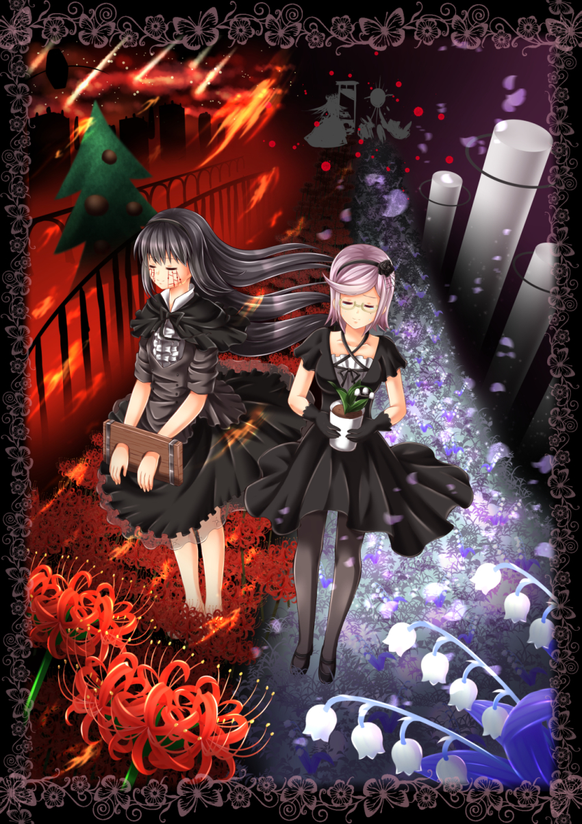 10s, 2girls, akemi_homura, akemi_homura_(black_dress), asami_saki, barefoot, black_gloves, black_hair