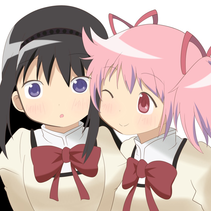 10s, 2girls, ;), absurdres, akemi_homura, black_hair, blush, bow