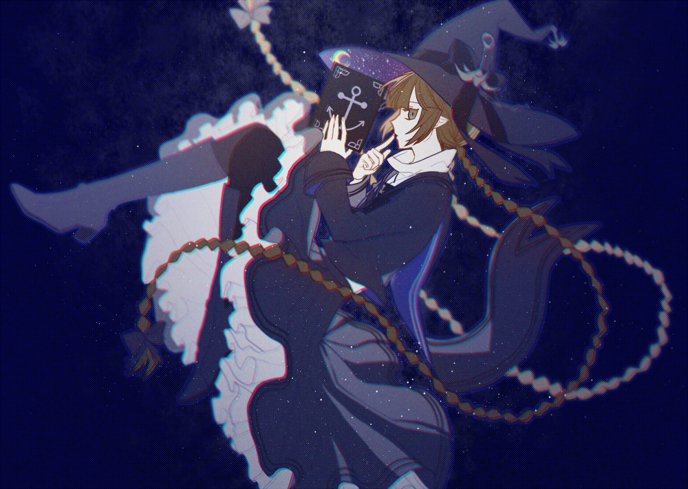 1girl, bad_id, bad_pixiv_id, book, boots, braid, brown_hair, female_focus, funamusea, hat, itariadoitsu, long_hair, oounabara_to_wadanohara, pantyhose, solo, very_long_hair, wadanohara