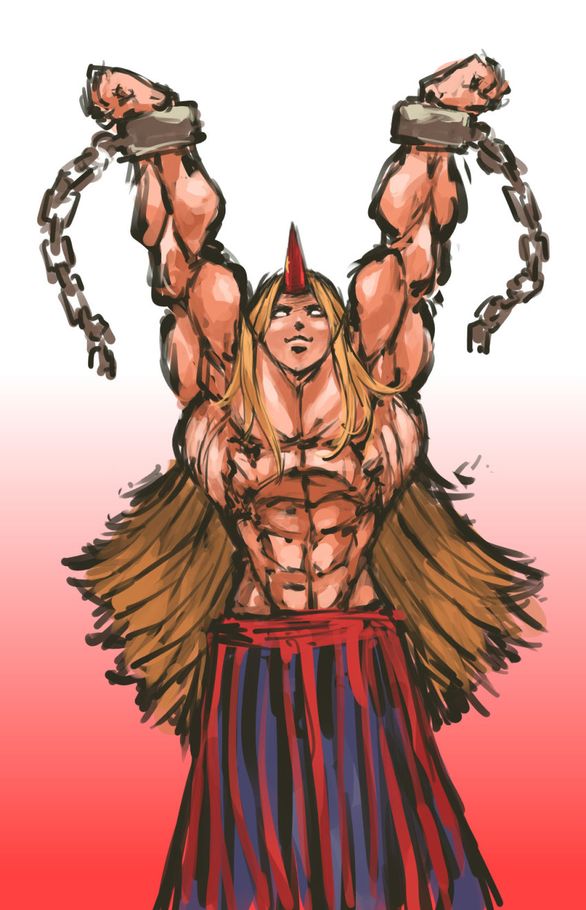 1girl, abs, arms_up, biscuit_oliva, blonde_hair, breasts, censored, convenient_censoring