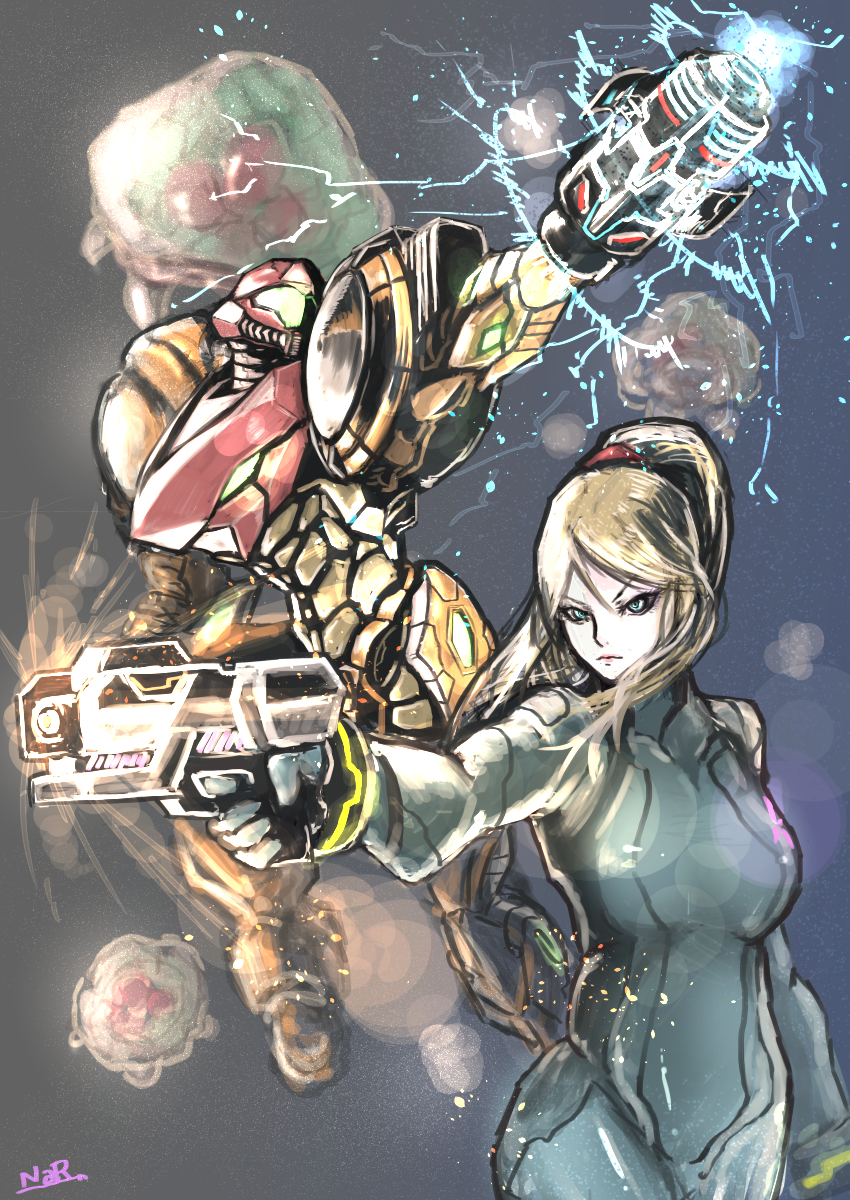 1girl, alien, armor, blonde_hair, blue_eyes, dual_persona, female_focus, gun, handgun, highres, metroid, metroid_(creature), monster, natrium, nintendo, pistol, ponytail, power_armor, power_suit, samus_aran, visor, weapon, zero_suit