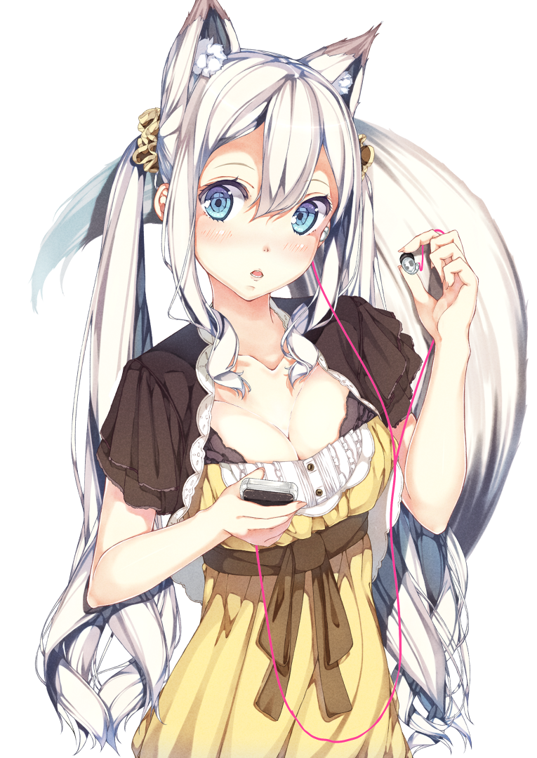 1girl, animal_ears, blue_eyes, blush, breasts, cleavage, collar, mp3_player