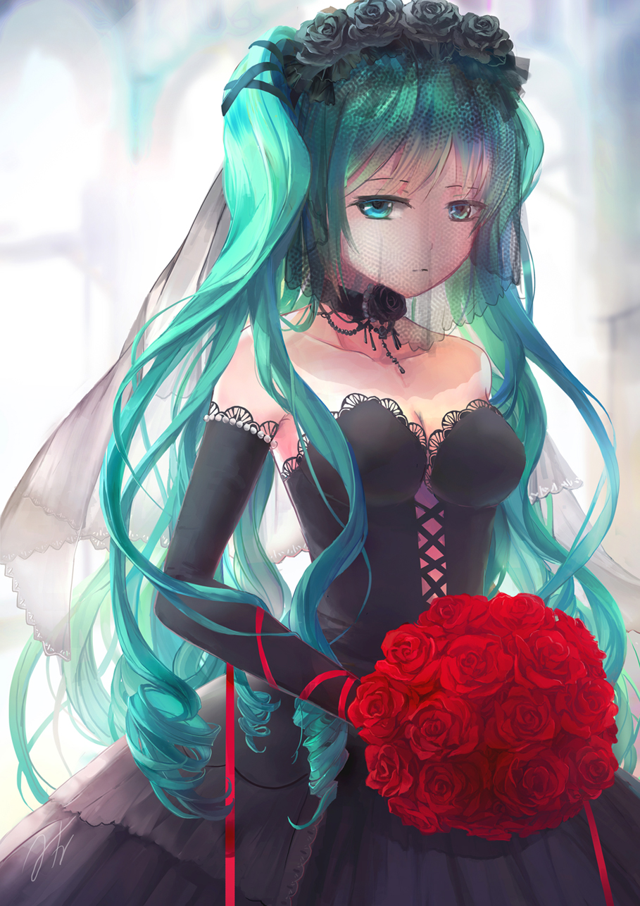 1girl, black_wedding_dress, choker, corset, dress, elbow_gloves, female_focus, flower