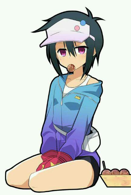 10s, 1girl, badge, black_hair, button_badge, cape, eating, female_focus