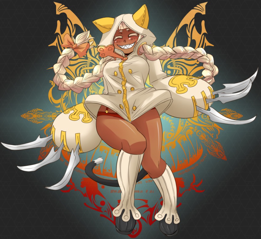 1girl, =_=, animal_hands, animal_hood, bad_id, bad_tumblr_id, blazblue, blonde_hair, blunt_bangs, bow, breasts, cat_hood, cat_tail, claw_(weapon), colored_eyelashes, crest, curvy, dark-skinned_female, dark_skin, female_focus, gloves, grin, hair_bow, hood, hoodie, kamakachow, large_breasts, leg_warmers, long_hair, low-tied_long_hair, okamaka, panties, pantyshot, paw_gloves, red_panties, sharp_teeth, smile, solo, suspenders, tail, taokaka, teeth, thick_eyebrows, underwear, upskirt, weapon, wide_hips