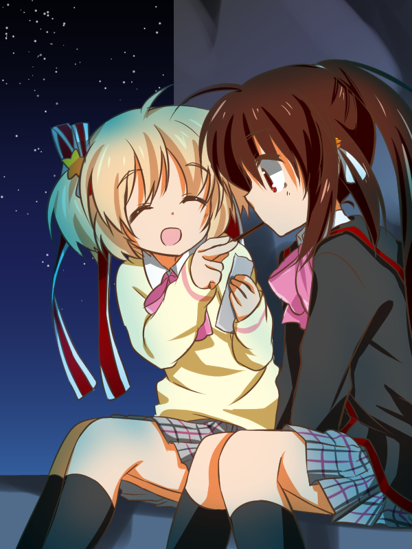 2girls, bell, black_legwear, blonde_hair, bow, brown_hair, closed_eyes, feeding