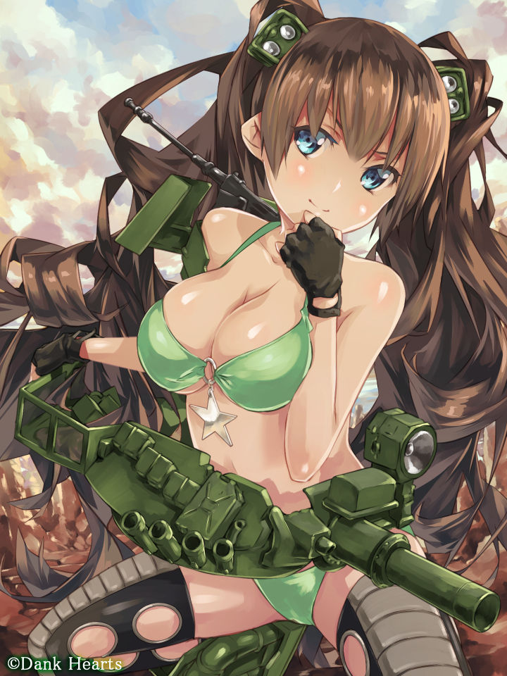 1girl, bad_id, bad_pixiv_id, bikini, black_thighhighs, blue_eyes, breasts, brown_gloves