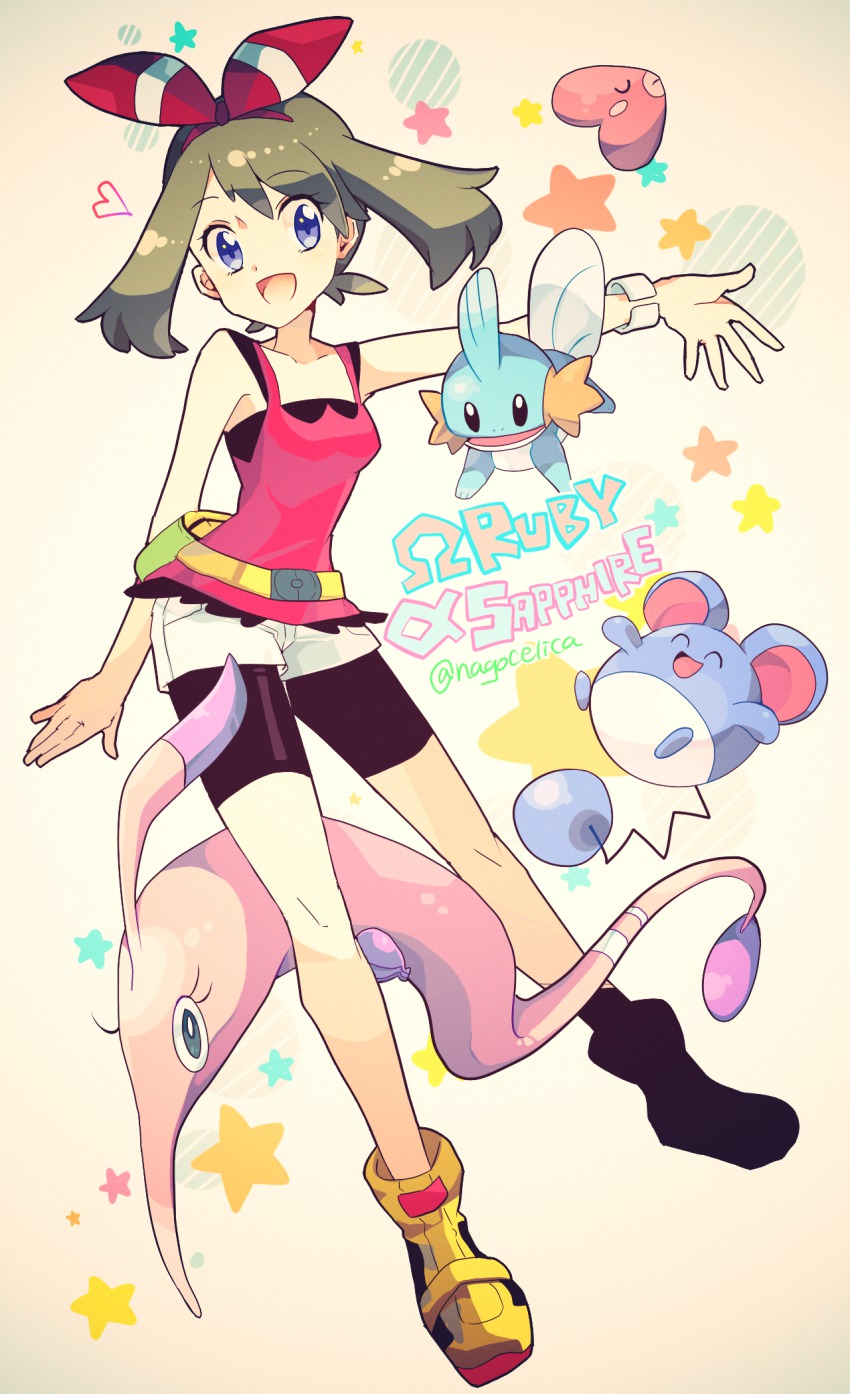 10s, 1girl, bike_shorts, blue_eyes, brown_hair, copyright_name, fanny_pack, full_body, gen_2_pokemon, gen_3_pokemon, gorebyss, hair_ribbon, heart, highres, looking_at_viewer, luvdisc, marill, may_(pokemon), may_(pokemon_oras), mudkip, nago_celica, nintendo, open_mouth, outstretched_arm, pokemon, pokemon_(creature), pokemon_omega_ruby_and_alpha_sapphire, ribbon, shirt, shoes, short_shorts, shorts, sleeveless, sleeveless_shirt, star_(symbol), two_side_up, wristband