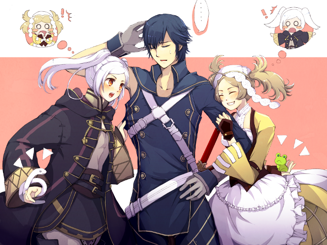 1boy, 2girls, blonde_hair, blue_hair, blush, brother_and_sister, chrom_(fire_emblem), closed_eyes