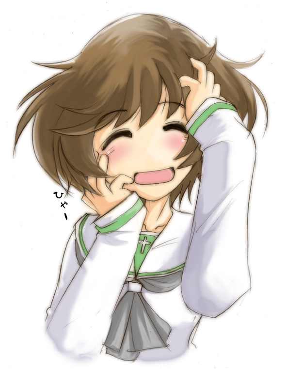 10s, 1girl, akiyama_yukari, blush, brown_hair, closed_eyes, embarrassed, female_focus