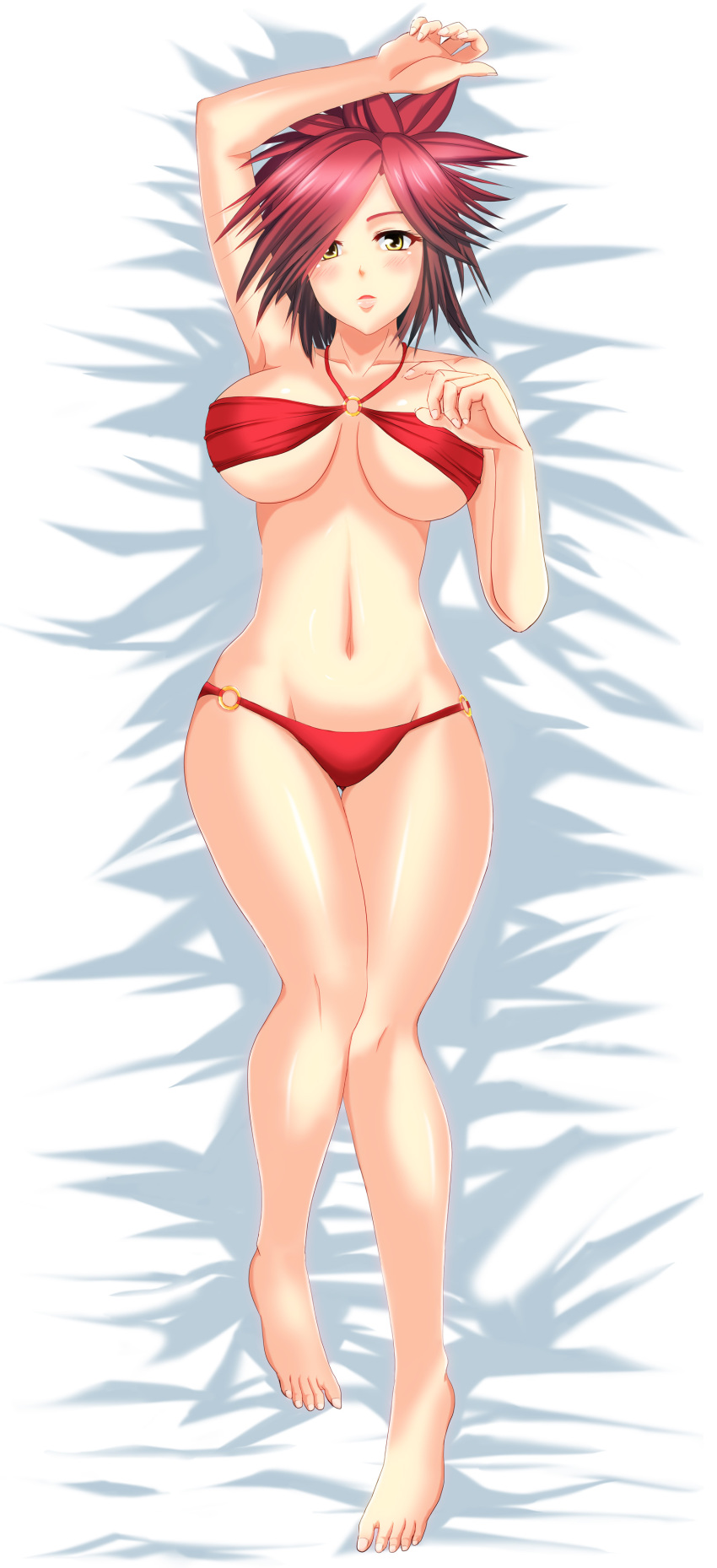 1girl, absurdres, azanami_(pso2), bad_id, bad_pixiv_id, bandeau, bikini, blush, breasts, cleavage, dakimakura_(medium), full_body, hair_over_one_eye, harukaze_bou, highres, large_breasts, legs, looking_at_viewer, lowleg, lowleg_bikini, navel, o-ring, o-ring_bikini, o-ring_bottom, o-ring_top, phantasy_star, phantasy_star_online_2, red_bikini, red_hair, shiny_skin, short_hair, swimsuit, thigh_gap, thighs, yellow_eyes