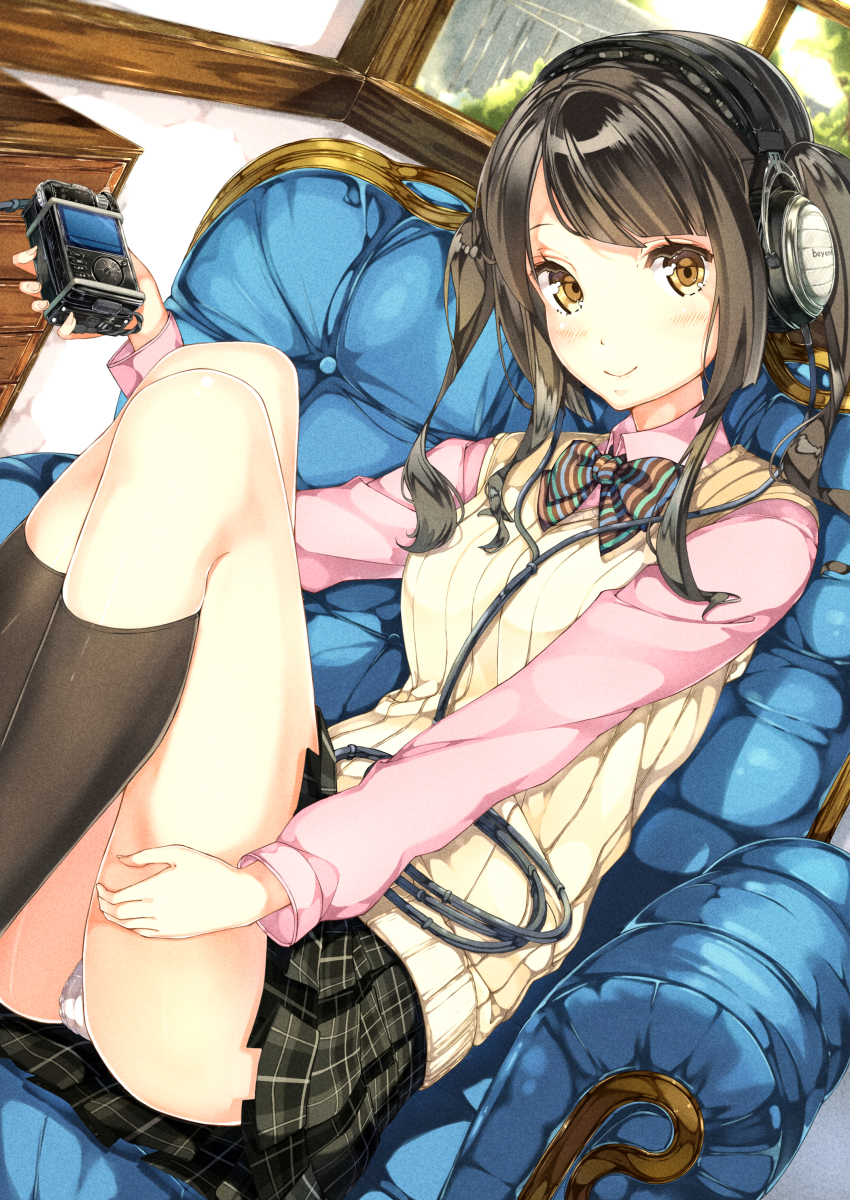 1girl, absurdres, beyerdynamic, black_hair, blue_upholstery, bow, couch, mp3_player, dutch_angle, female_focus, head_tilt, headphones, highres, holding, looking_at_viewer, original, panties, pantyshot, plaid_clothes, plaid_skirt, pleated_skirt, school_uniform, shirohina, sitting, skirt, smile, solo, sunken_cheeks, twintails, underwear, upskirt, yellow_eyes