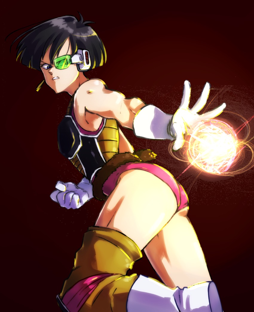 1girl, ankle_boots, armor, ass, bare_shoulders, black_hair, boots, clenched_hand, dragon_ball, dragonball_z, earrings, energy_ball, female_focus, gloves, green-tinted_eyewear, highres, jewelry, knee_pads, leotard, monkey_tail, sabamiso_(tomatomikan), scouter, seripa, short_hair, simple_background, single_thighhigh, solo, tail, thighhighs, tinted_eyewear, tomatomikan, white_gloves