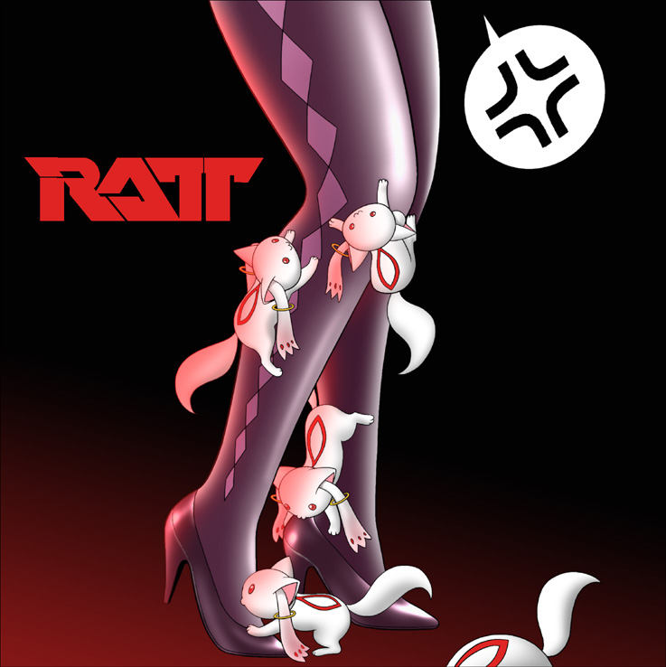 1girl, :3, akemi_homura, akemi_homura_(magical_girl), album_cover, album_cover_redraw, anger_vein, climbing, close-up, cover, derivative_work, high_heels, kyubey, legs, mahou_shoujo_madoka_magica, mahou_shoujo_madoka_magica_(anime), pantyhose, parody, ratt, ratt_(album), ratt_(band), red_eyes, shingyouji_tatsuya, spoken_anger_vein
