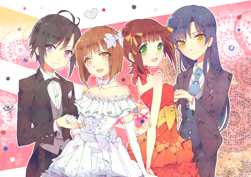 4girls, amami_haruka, black_eyes, black_hair, blue_hair, bow, bowtie, brown_eyes, brown_hair, dress, formal_clothes, gloves, green_eyes, hagiwara_yukiho, heart, hoshii_miki, idolmaster, idolmaster_(classic), idun, kikuchi_makoto, kisaragi_chihaya, long_hair, multiple_girls, necktie, ribbon, short_hair, smile, suit, traditional_bowtie, tuxedo, yellow_eyes