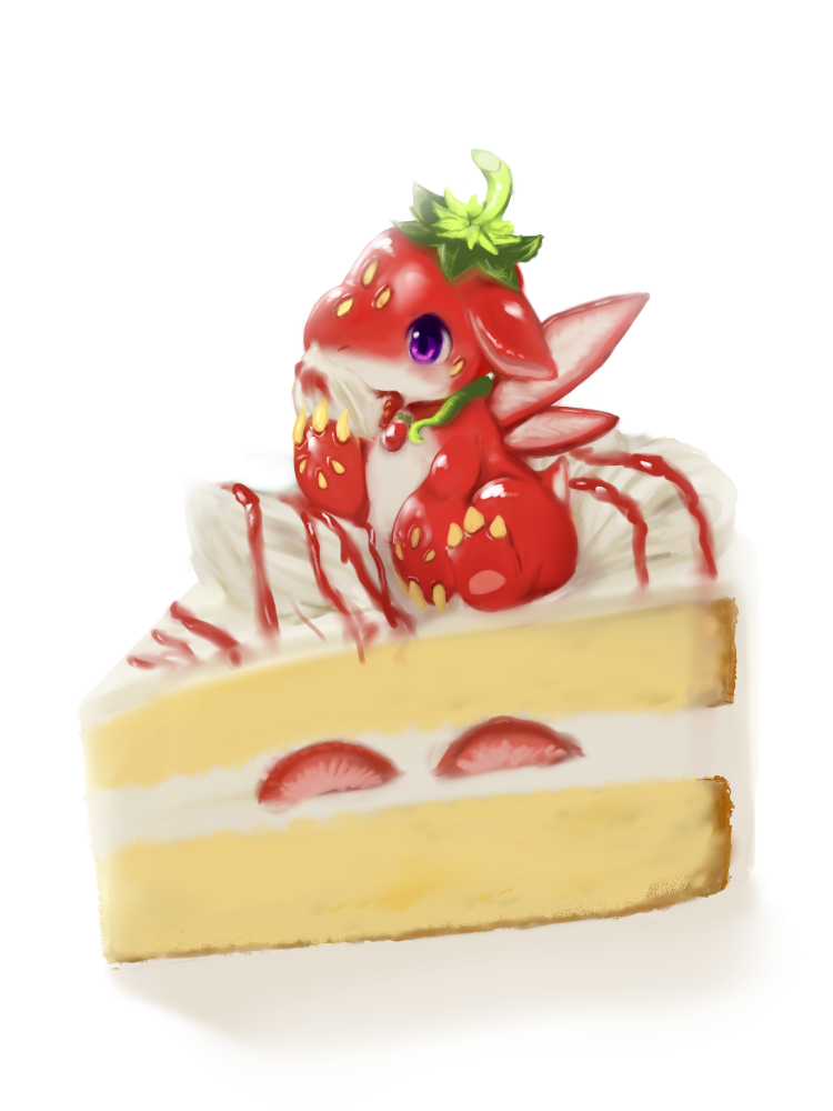 cake, cake_slice, cream, dagasi, eating, food, food_focus, fruit, no_humans, purple_eyes, puzzle_&amp;_dragons, simple_background, sitting, strawberry, strawberry_dragon_(p&amp;d), strawberry_shortcake, white_background, wings