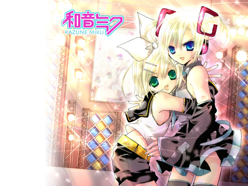 1boy, 1girl, child, cosplay, crossdressing, hatsune_miku, hatsune_miku_(cosplay), kagamine_rin, kagamine_rin_(cosplay), kazune_kujyou, kazune_miku, koge_donbo, kujou_kazune, parody, thighhighs, trap, vocaloid