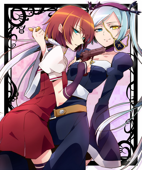 00s, 2girls, belt, blue_hair, eyepatch, green_eyes, gun, knife