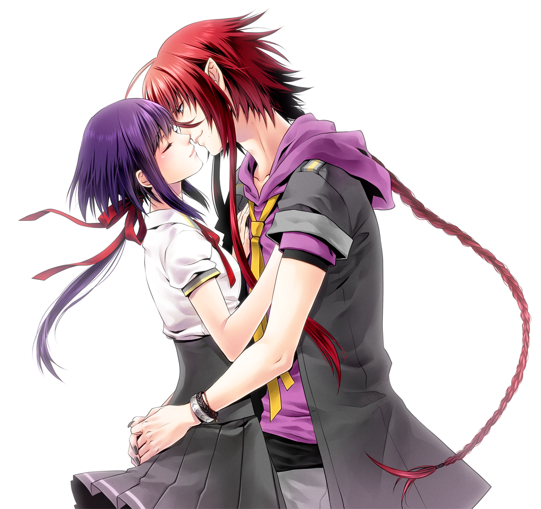 10s, 1boy, 1girl, braid, couple, hetero, hug, imminent_kiss, kamigami_no_asobi, kusanagi_yui, loki_laevatein, long_hair, ponytail, purple_hair, satsuki_yuu_(awairo), simple_background, white_background